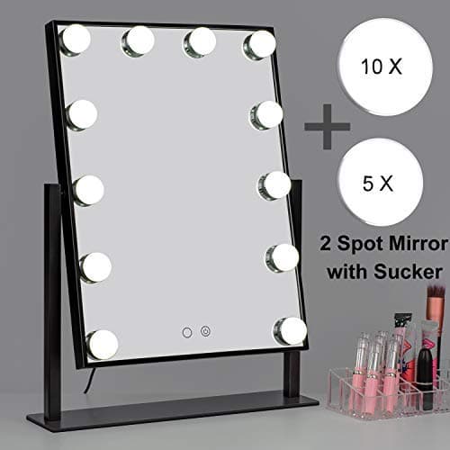 MRah Hollywood Makeup Vanity Mirror - Lighted Makeup Mirror Tabletops Lighted Mirror, LED Illuminated Cosmetic Mirror with Dimmable LED Bulbs (Black)
