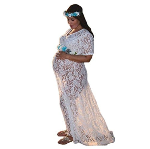 Pregnancy Dress for Photography, Split Front Maternity Maxi Dress Off Shoulder Pregnancy Gown for Photo Shoot (White B)