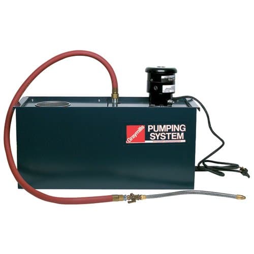 GRAYMILLS Coolant Pump & 10 Gallon Rectangular Tank System - Model: 11HR35A (1) Pump, (1) Container, (1) 4" Length of 1/2" ID Neoprene Hose, (1) Heavy-Duty Flexible Metal Nozzle and Value, (1) 6' Cord, Plug, Switch and Mesh Screen Bowl
