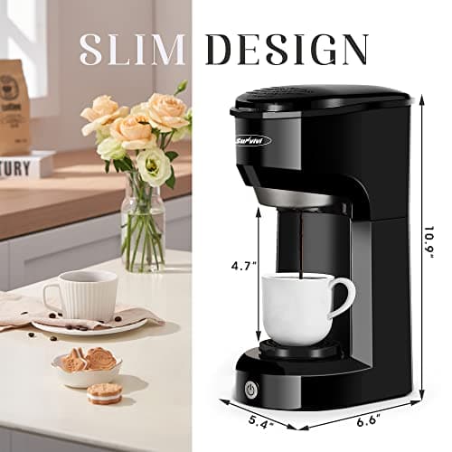 SUNVIVI Coffee Maker, Single Serve Brewer for Single Cup, One Cup Coffee Maker With Permanent Filter, 6oz to 14oz Mug, One-touch Control Button with Illumination, Black (ETL Certified)