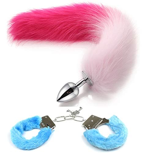 Multicolor Wrist Hǎndcuf-fs Rose Red Pink Cosplay Fluffy Faux P`l-ǔ+g Fox Tail Role Play Halloween Accessories (Blue, S)