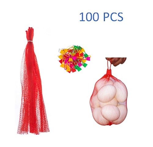 Jennifer Ling 100pcs Mesh Produce Bags,Reusable Nylon Mesh net Produce Grocery Toys Fruits Vegetables Drawstring Storage Poly Bags (Red)
