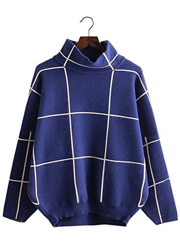 Doballa Women's Grid Pattern Sweater Long Sleeve Turtleneck Pullover Jumper Top