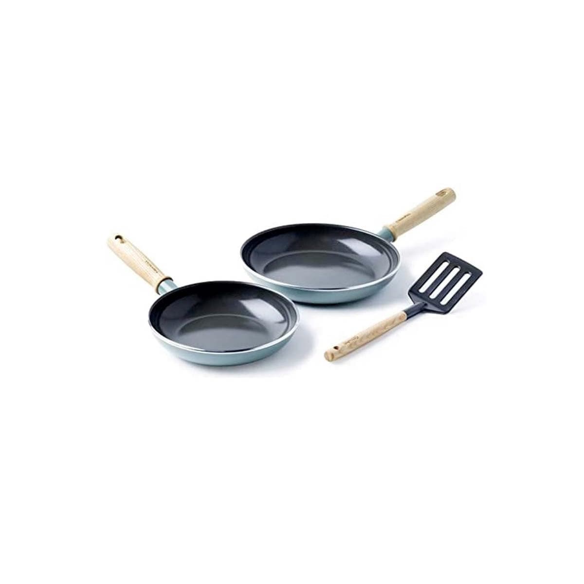 Mayflower Healthy Ceramic Non-Stick 3-Piece Frying Pan Skillet Set 20 cm & 24 cm, Including Slotted turner, Vintage Wood Handle, PFAS-Free, Induction, Smoky Blue
