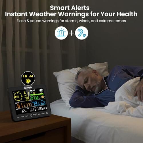 Sainlogic Weather Stations Wireless Indoor Outdoor SA6, Weather Station with Rain Gauge and Wind Speed, Weather Forecast, Temperature, Air Pressure, Humidity, Moon Phase, Alarm Clock(No WiFi)