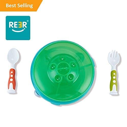 ReeR Section Plate- Divided Plate With Lid for Infant and Toddler Solid Feeding- Spill Proof- Bonus Spoon and Fork