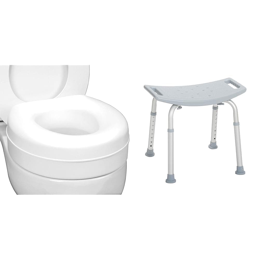 HealthSmart Raised Toilet Seat Riser That Fits Most Standard (Round) Toilet Bowls for Enhanced Comfort and Elevation with Slip Resistant Pads & Drive Medical RTL12203KDR Shower Chair