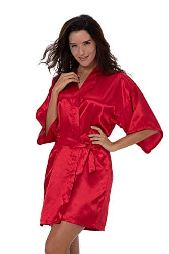 ShinyLuck Women's Satin Short Kimono Robe Solid Color Dressing Gown Bridal Party Robe