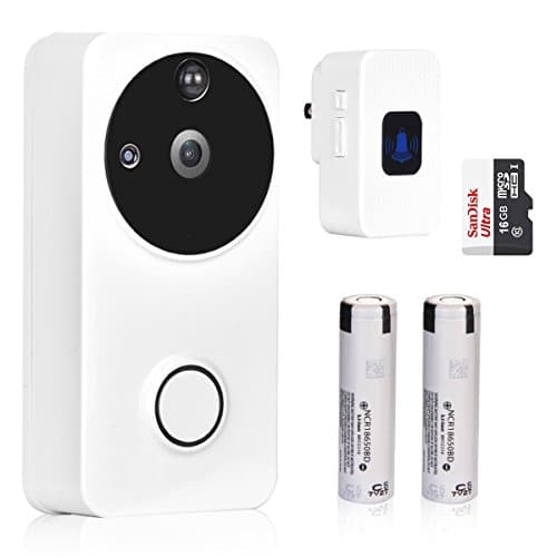 Wireless Video Doorbell, Smart Doorbell Camera with Chime and 16GB Card, Wifi Real-Time 720P HD Video Two-Way Audio Night Vision Motion Detection App for IOS & Android, with Two Batteries