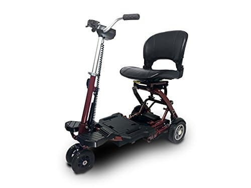 Folding is a Compact Mobility Scooter Indoor Outdoor Use Easy Pull Throttle Key Ignition and Battery Gauge Red