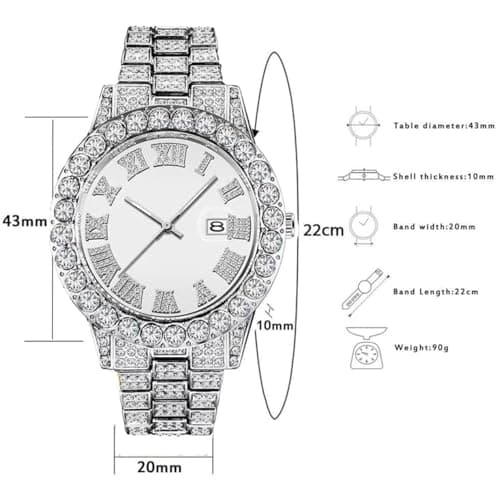 SENRUD Men's Diamond Watch Fashion Crystal Rhinestone Quartz Analog Watch Iced-Out Bracelet Wrist Watch