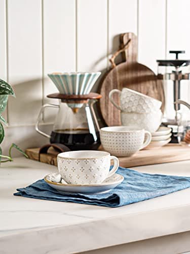 LE TAUCI Cappuccino Cups with Saucers - 6 oz Ceramic Coffee Cup and Saucer Set for Latte, Cafe Au Lait, Flat White, Mocha, Tea, Dishwasher & Microwave Safe, Set of 4, Embossed, White