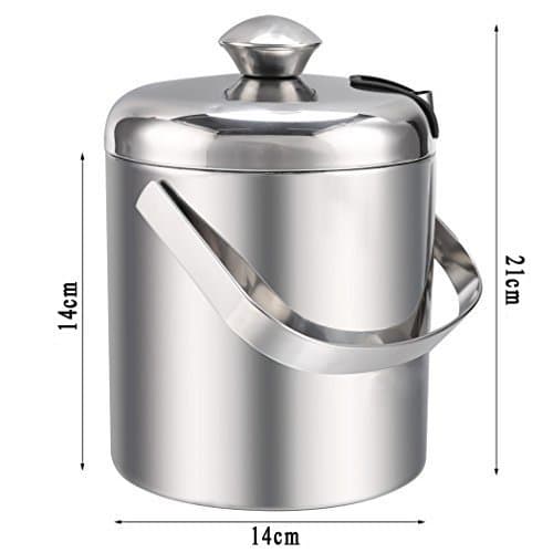 1.5 L, 2 tier stainless steel ice bucket, ice bucket with tongs, lid and colander, double wall insulation for extra long cooling time, also suitable for cooling bottles, diameter: 12 cm, a must for every bar