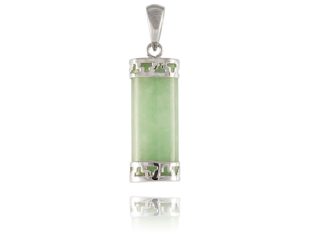 Shiny Rocks Light Green Jade Greek Key Capped Oval Column Pendant, 925 Sterling Silver