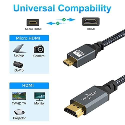 Twozoh 4K Micro HDMI to HDMI Cable 10FT, High-Speed Full HDMI to Micro HDMI Braided Cord Support 3D 4K/60Hz 1080p