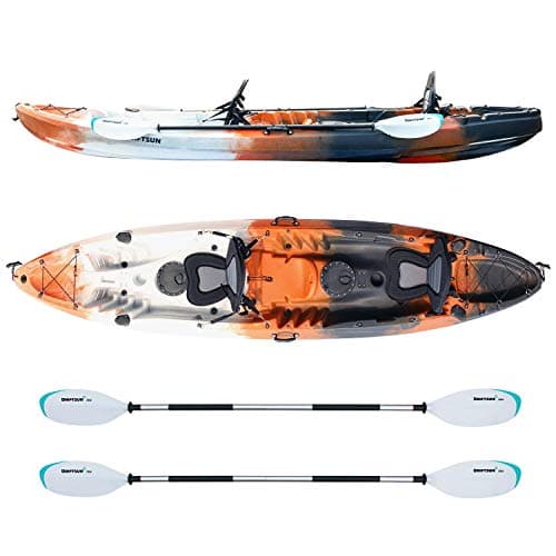 Driftsun Teton 120 Hard Kayak - 2 Person Tandem Sit-On-Top Kayak Package with 2 EVA Padded Seats, 2 Aluminum Paddles and Fishing Rod Holder Mounts (Orange)