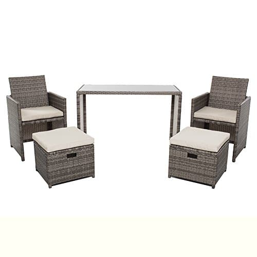 Chicreat Wicker Patio Furniture Set, 5 PC Set with Table Chairs and Ottomans, Gery Rattan with Polyester Cushioned Seats