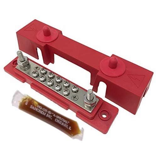 Bay Marine Supply Busbar – 10-Point Power Distribution Block (150A Rating) – #8 Terminal Screws & Two 1/4" Studs – Red Bus Bar (with Complimentary Electrical Grease)