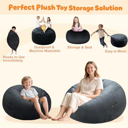 Lukeight Stuffed Animals Storage Bean Bag Chair Cover - Premium Velvet Organizer with YKK Zipper Holds 60+ Plush Toys, Washable Kids Room Decor (No Filling, Large)