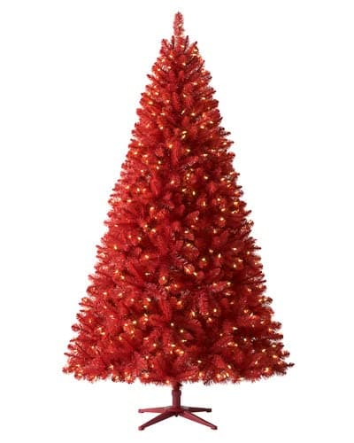 Treetopia Red Artificial Christmas Tree | Lipstick Red - 7 Ft | Pre-lit with 500 LED Color Matched Red Lights | Includes Tree Stand, On/Off Foot Pedal, Extra Bulbs & Fuses