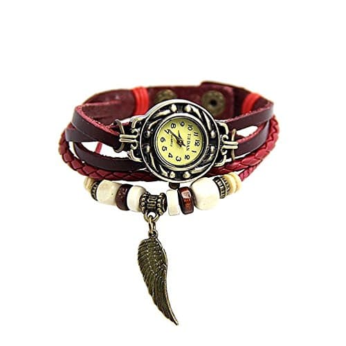 Samgo Retro National Wind Woven Leather Ladies Bracelet Watch Women Watch List Wings (Red wine)