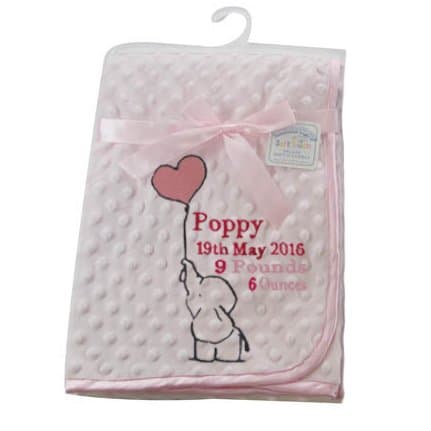 Elephant Design Personalised Embroidered microplush dimpled Baby Bubble Blanket Pink