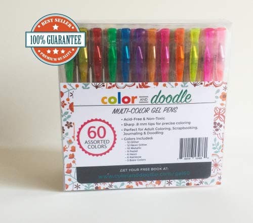 60 Gel Pens Set for Coloring - Colors Included: Glitter, Neon, Metallic, Pastel, Swirl & Sparkly.