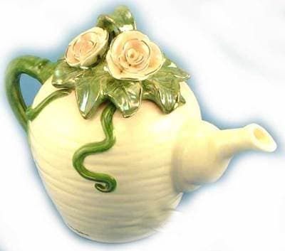 Heather Goldminc Pink Rose Teapot - Clayworks Blue Sky 2006