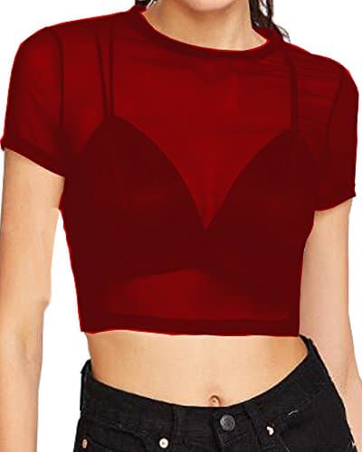 CLOZ Women's Sheer Mesh Tee Blouse Short Sleeve Crop Tops (Short Sleeve-Red, Large)