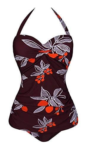 Angerella Burgundy Vintage One Piece Swimsuits for Women Halter Push Up Swimwear, M