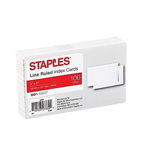 Staples 3" x 5" Line Ruled White Index Cards, 100/Pack (50993)