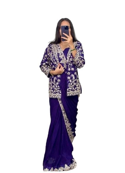 infabzon Ready To Wear Saree & Koti Set For Women Bollywood Style Chinon Silk Fabric On Embrodery Sequance Cording Work