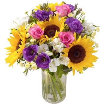 Fresh Sunny Day Flowers with Free Delivery and Name-a-Rose Gift - A Hand Tied Bouquet Filled with Sunflowers, Lisianthus, Roses and Alstomerias All Wrapped by a Real Florist
