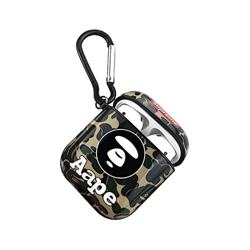 Hard Plastic Green Army Camo Ape Case for Apple Airpods 1 2 with Bag Hook Protective Mini Bag Protector Shockproof Smooth High Fashion Brand Boys Teens Men Boyfriend Husband Guys