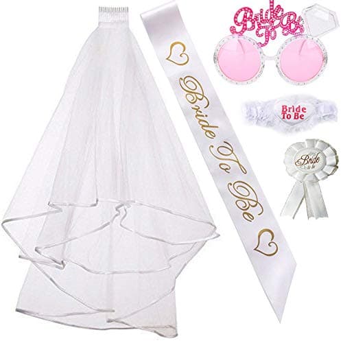 Bachelorette Party Bride to Be Kit-1 White Double Ribbon Edge Center Cascade Bridal Wedding Veil with Comb,1 Bride to Be Satin Sash, 1 Badge, 1 leg lace. 1 Pink Bride to be glasses
