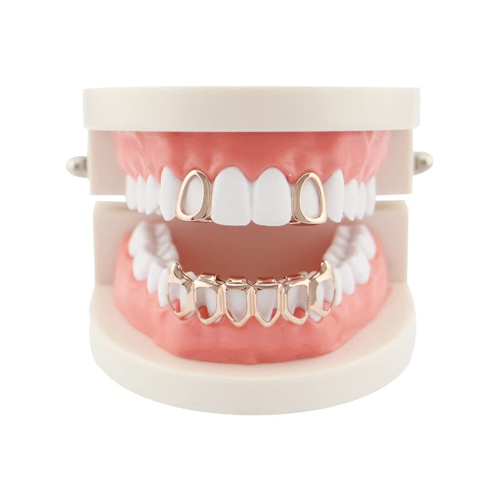 Huliyhus 18K Gold Plated Hip Hop Teeth Grillz Caps Open Face 2pcs Single Top and Bottom Grills for Your Teeth Grillz Set for Men Women