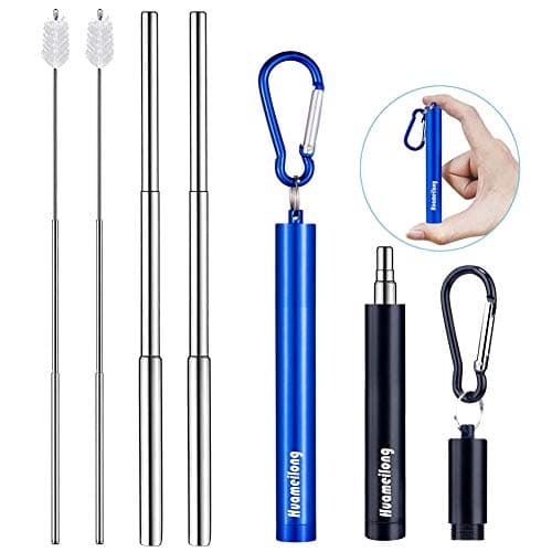 [Updated] 2 Pack Portable Collapsible Reusable Straws - Telescopic Stainless Steel Metal Travel Straw Drinking with Case, Cleaning Brush and Keychain, by Huameilong (Black and Blue)