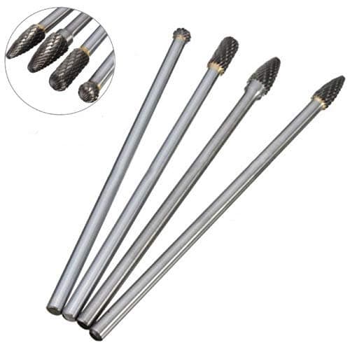 4 Pcs Double Cut Rotary Burr Set 1/4 Shank 6mm Tungsten Carbide Rotary Cutting Burr Long Reach Rotary Burr Bit Grinder Drill File Cutting Burs for Grinder Drill, Metal Polishing,Engraving