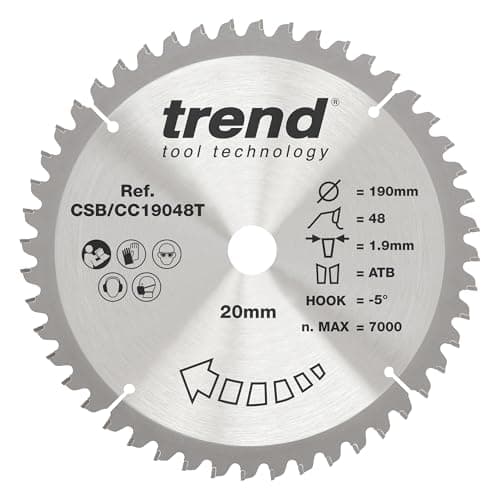 Trend Wood Cordless Mitre Saw Blade, 190mm Diameter, 20mm Bore, 48 Teeth, 1.9mm Kerf, -5° Hook, TCT, Fine Finish, CSB/CC19048T
