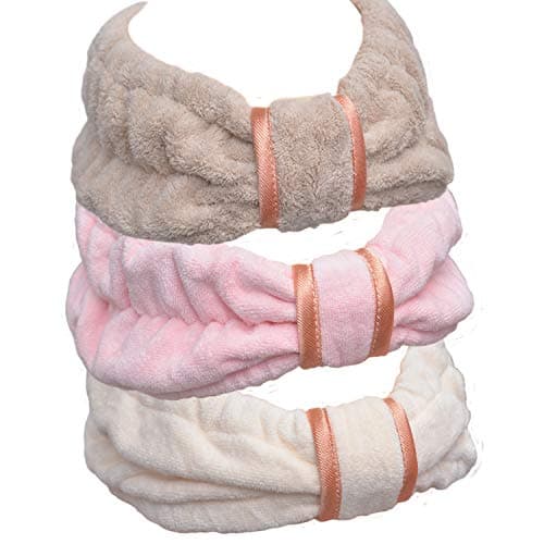 Soft Microfiber shower handbands - spa facial makeup handbands Elastic Hair Band Hairlace Headband Cosmetic Headband for washing face, 3pcs brown, pink and cream yellow