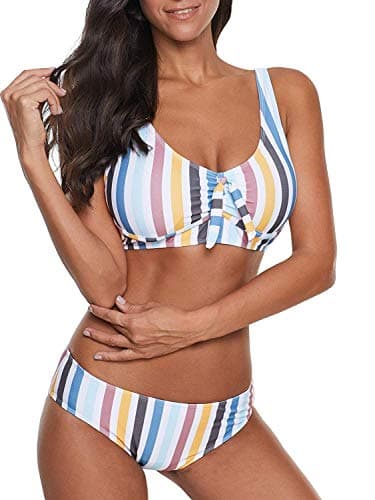 Womens Two Piece High Waisted Swimsuits Push Up Halter Bikini Striped Padded Bathing Suits