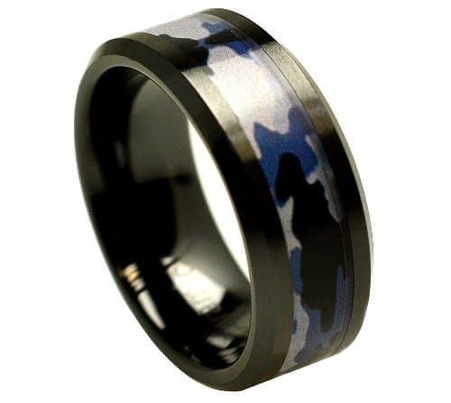 8mm Black Ceramic High Polish Finish Camouflage Inlay Beveled Edge Comfort Fit Wedding Band Engagement Ring for Men & Women Available Sizes (7-15) Including Half Sizes Please Email