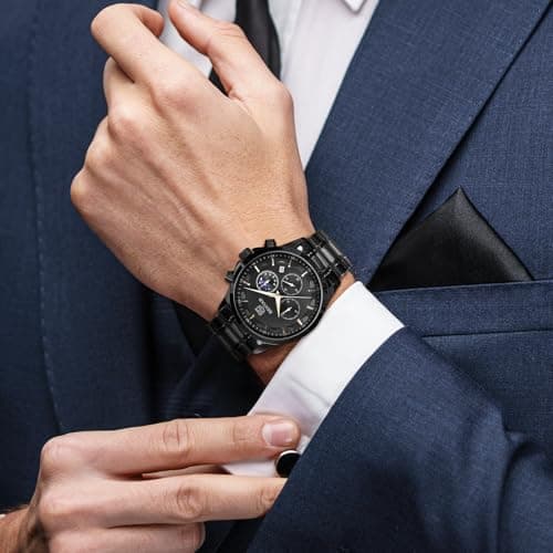 BY BENYAR - Chronograph Watch for Men, Perfect Quartz Movement, Water Resistant and Scratch Resistant, Analog Business Watch, Black, Bracelet Type