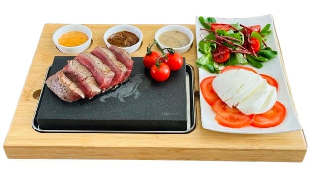 1 x Bull Engraved Bamboo Board 7 Piece Set for Meat, Fish, Veg, Steak - Cooking Stone Set - Sizzling Hot Plate with Bowls