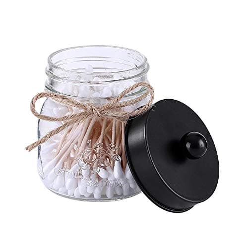 Elwiya Mason Jar Qtip Holder Glass with Stainless Steel Lid, Rustic Mason Jar Cotton Ball / Swabs / Rounds Holder Farmhouse, Mason Jar Decor Bathroom Vanity Container Storage Organizer