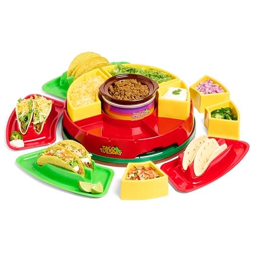 Nostalgia TTLSTB10 Heated Lazy Susan Topping Bar Perfect for Burritos, Nachos, Fajitas, 20-Oz. Warming Pot, Includes 4 Tortilla Holders, Plastic, Red