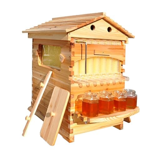 Self-Flowing Honey Bee Hive Set with 7 Honey Comb Frames, 100% Beeswax Coating & Durable Fir Wood for Honey Production, Pollination, Queen Rearing, and Colony Growth – for Beginner and Pro Beekeepers