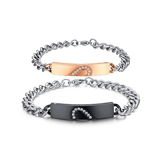 Asma Jewel HouseStainless Steel Cubic Zirconia Puzzle Matching Heart ID 2 Pieces Couple Bracelet Link Chain Valentine Lover