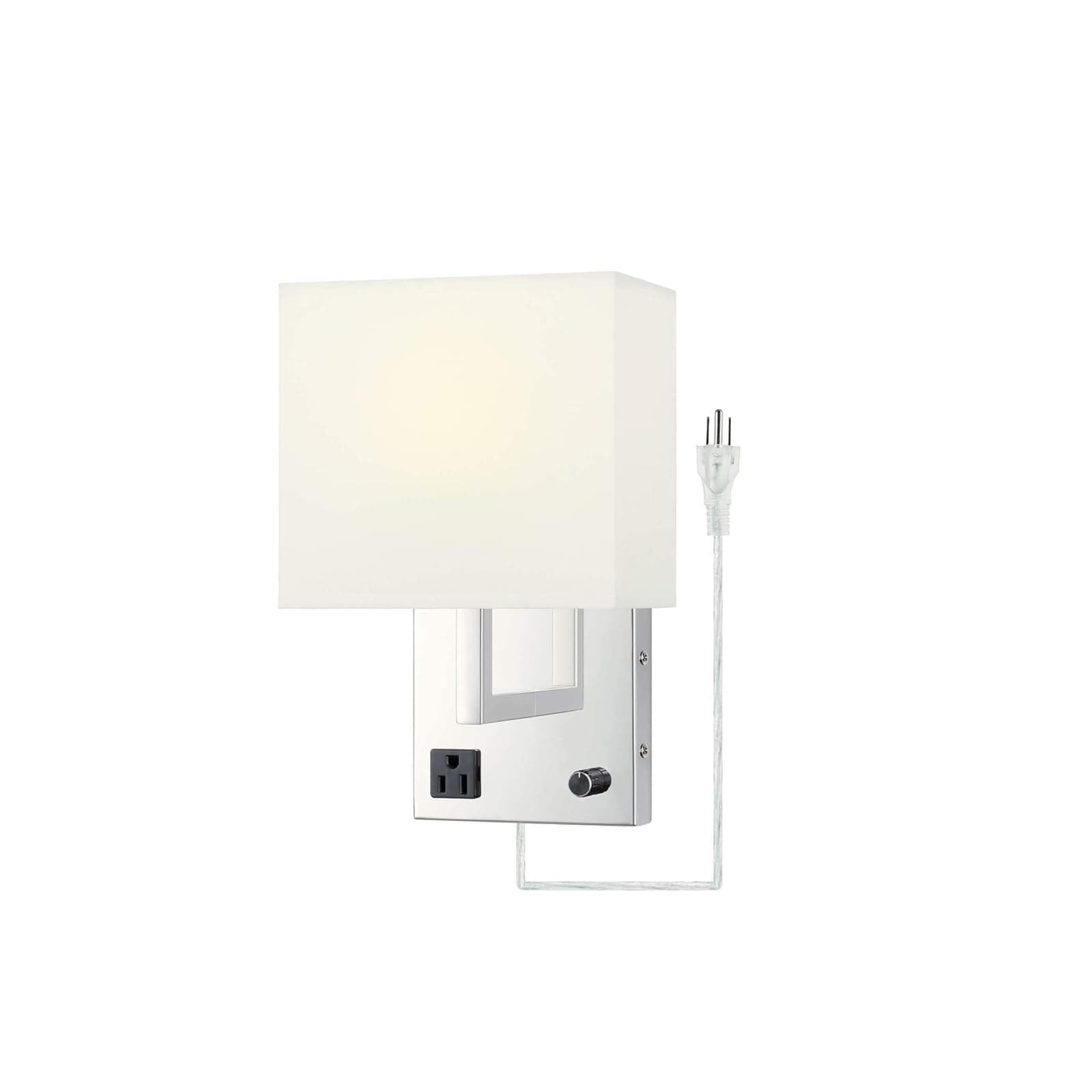 9 inch Shiny Chrome Wall Lamp Light with Outlet Living Room Beside Wall Sconces Opaque Ivory Square Linen Shade Plug in Cord