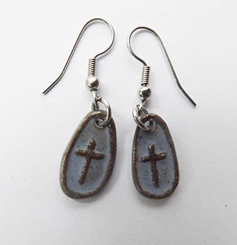 Cross Earrings, Stoneware, Blue Glaze